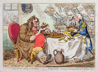 John Bull almorzando, o cocineros británicos, atiborrando a Old Grumble-Gizzard con Bonne-Chere, publicado por Hannah Humphrey en 1798